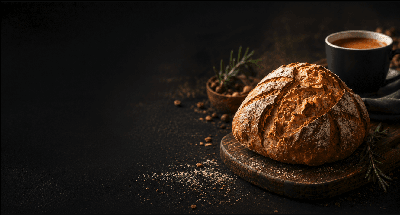 Freshly baked artisan bread beside a cup of coffee